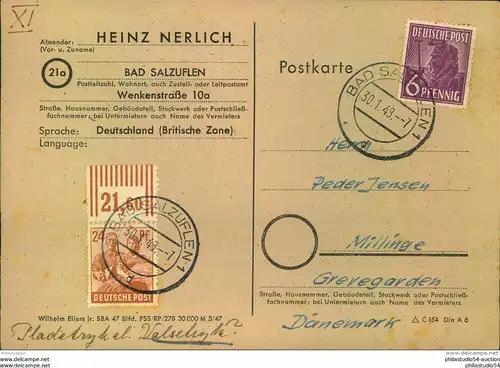 1948, Drucksachenkarte ab BAD SALZUFLEN nach Dänemark. Obwohl mit Vordruck (Tauschanfrage) als Auslandskarte franiert