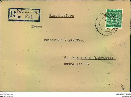 1946, Einschreiben ab WEILHEIM OBB. Mit Nor-R-Stempel