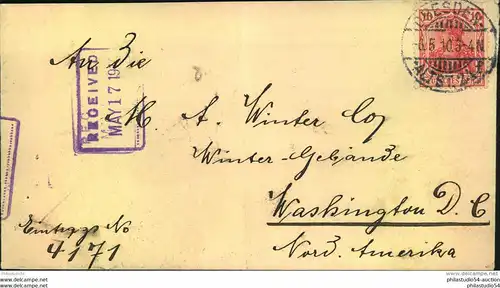 1910, Brief im Sondertarif ""Amerika direkt"" mit 10 Pfg. Germania ab DRESDEN ALTSTADT nach Washington D.C. Umschlag Mit