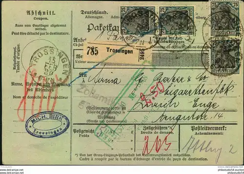 1920, Paketkarte von TROSSNINGEN, rückseitig mit Viererblock 50 Pfg. Germania nach Zürich.
