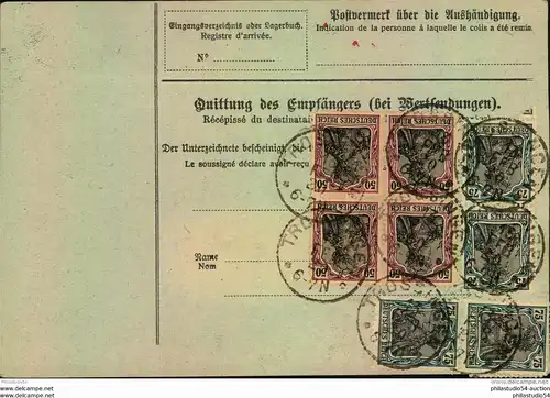 1920, Paketkarte von TROSSNINGEN, rückseitig mit Viererblock 50 Pfg. Germania nach Zürich.