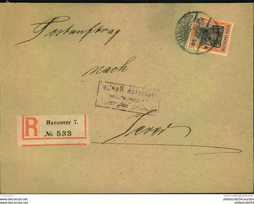 1911, Postauftrag mit EF 30 Pfg. Germania ab HANNOVER nach Jever.