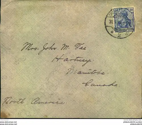 1908, Auslandsbrief mit 20 Pfg. Germania ab CHARLOTTENBURG nach Canada.