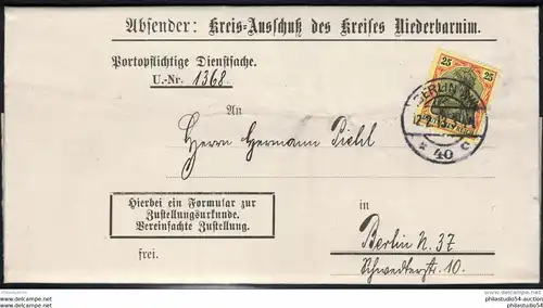 1913, 25 Pfg. Germania auf Orts-Zustellung ab BERLIN NW 40. Querbug leider auch durch die Marke.