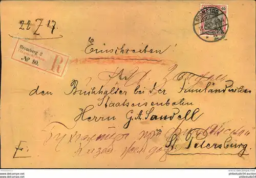 1903, Einschreiben mit 40 Pfg. Germania o. Wz ab BROMBERG nach St. Petersburg