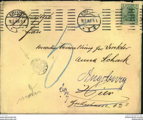 1914, urprünglich als Ortsbrief in Erfurt, nachgesandt nach Augsburg mit kl. Stempel PORTO CONTROLLE AUGSBURG. Nicht häu