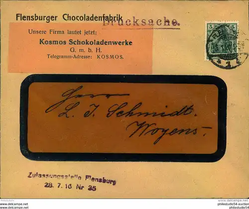 1920, Drucksache ab FLENSBURG ?5.1.20 mit Zensurstempel ""Zulasungsstelle Flensburg"". Abstimmungsgebiet Schleswig.