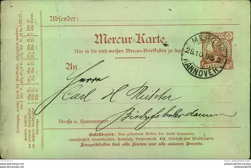 1895, MERCUR HANNOVER, 2 1/2 Pfg. Ganzsachenkarte gebr.