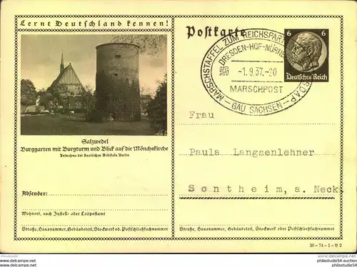 1937, MARSCHSTAFFEL ZUM REICHSPARTEITAG auf blanko Bildpostkarte. Relativ seltener Stempel.