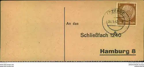 1942, Empfangsbestätigung für ein Liebesgabenpaket ab ITZEHOE