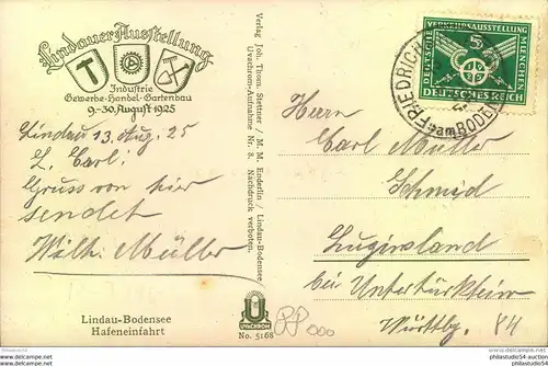 1924, 5 Pfg. Verkehrsausstellung auf Postkarte zur Lindauer Ausstellung ab FRIEDRICHSHAFEN