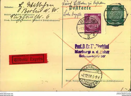 1938, Eilbotenkarte mit Hindenburgfrankatur ab BERLIN NW 8 nach Marburg.