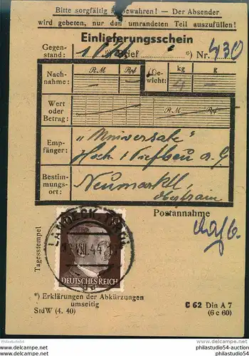 1944, 10 Pfg. Htiler Buchdruck als EF auf Einlieferungsschein ab LANDECK (TIROL), bessere Ostmark-Verwendung