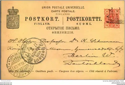 1899, Ganzsachenkarte aus HELSINKI mit klarem "Schiffchen-Stempel" nach Berlin.