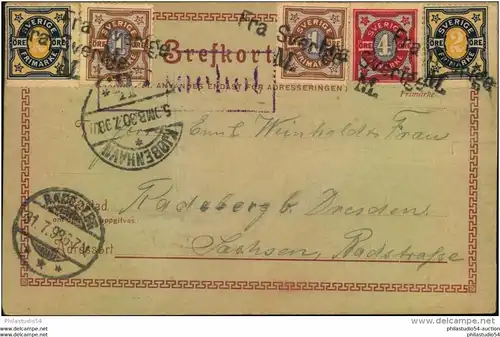 1898, ppc Malmö with colourful franking and ship mark "Fra Sverige M." to Redeberg, Sachsen