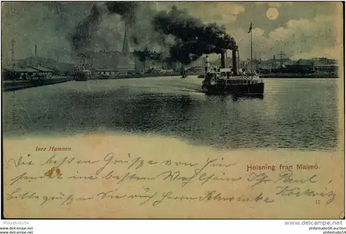 1898, ppc Malmö with colourful franking and ship mark "Fra Sverige M." to Redeberg, Sachsen