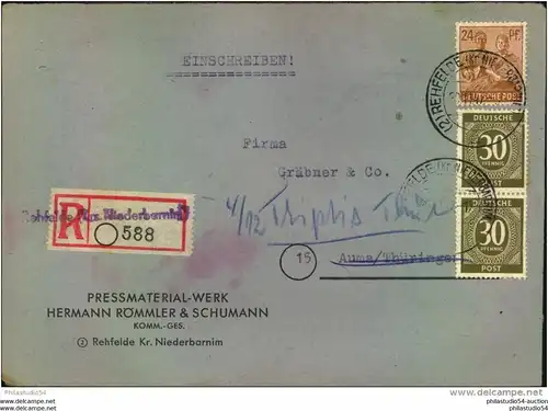 1947, Einschreiben mit Not-R-Zettel "Rehfelde (Krs. Niederbarnim)