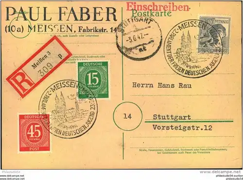 1947, blanko R-Karte mit Sonderstempel MEISSEN nach Stuttgart