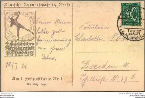 1921, Festpostkarte 4. Sächsisches Kreisturnfest mit Sonderstempel