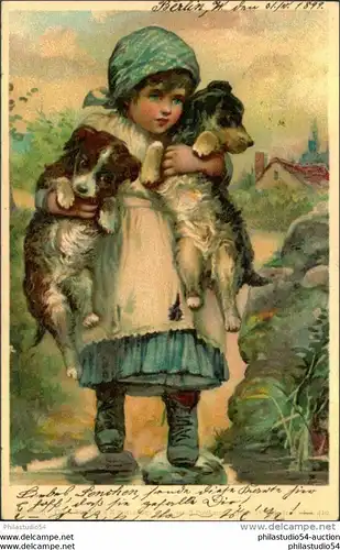 BERLIN 1899, Paketfahrt, Aquarell Postkarte, Mädchen mit zwei Hunden, Kinder ,Tiere