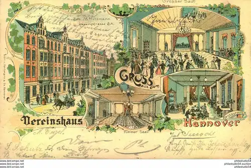1901, HANNOVER, Gruss aus..., Vereinshaus , Besitz. M. Hitzmann, Lith. v. Hartmann&Co, Tanzen, Saal, Restaurant, Caffee