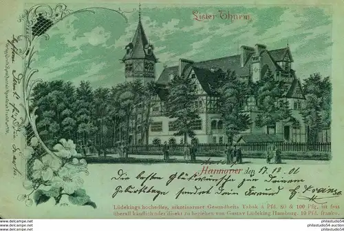 1900, HANNOVER, Lister Thurm, Verl.&Druck, Kunstanstalt. Rosenblatt, mit Tabak Werbung am unteren Rand, Gustav Lüdeking,