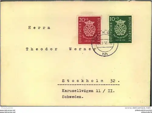 1950, 10 und 20 Pfg. Bachsiegel (Mi-Nr. 121/122) portogerecht auf Auslandsbrief ab (22a) KÖLN