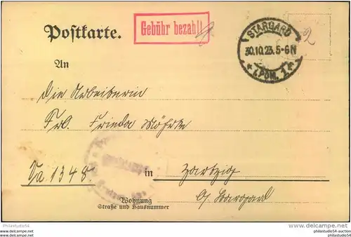 1923, "Gebühr bezahlt" ab STARGARD 30.10.23
