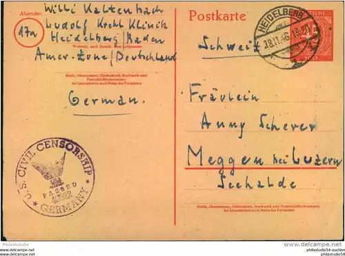 1946, 45 Pfg. Ganzsache ab HEIDELBERG in die Schweiz, US Zensur