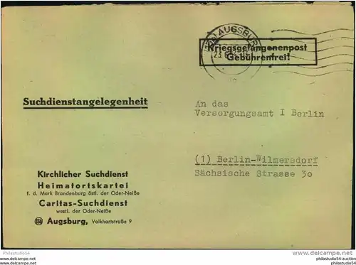 1954, Vordruckbrief "Kriegsgefangenenpost Gebührenfrei!" ab AUGSBURG