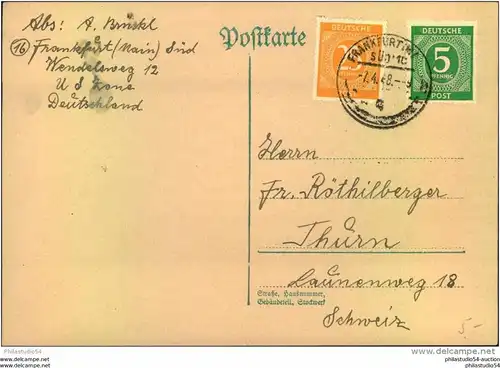 1948, Auslandskarte 5 und 25 Pfg. Ziffer, FRANKFURT (M) SÜD 10