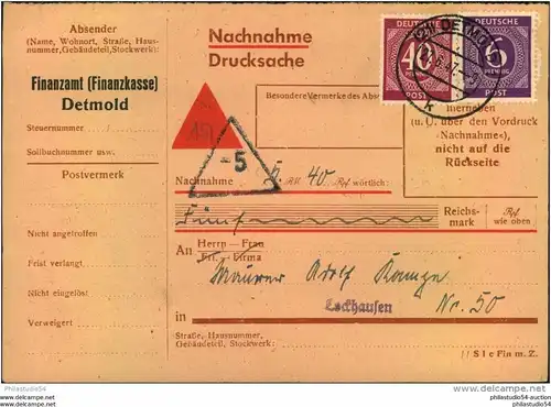 1947, Nachnahme Drucksache mit 40 und 6 Pfg. Ziffer ab DETMOLD