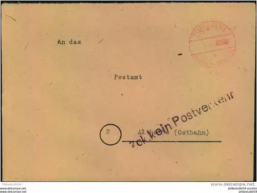 1945, Brief "Gebühr bezahlt TÜBINGEN 11.12.45 nach Altkarbe (Ostbahn) - "Zck. kein Postverkehr" (Polen)