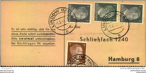 1943, LINDOW (MARK) Empfangsbestätigung für Liebesgabenpaket