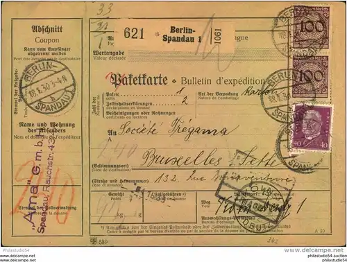1930, Auslandspaketkarte mit hoher ab BERLIN-SPANDAU 1