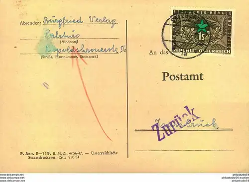 1954, 1 Schilling ESPERANTO als seltene Einzelfrankatur auf Anschriftenprüfung
