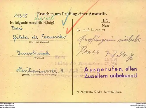 1954, 1 Schilling ESPERANTO als seltene Einzelfrankatur auf Anschriftenprüfung