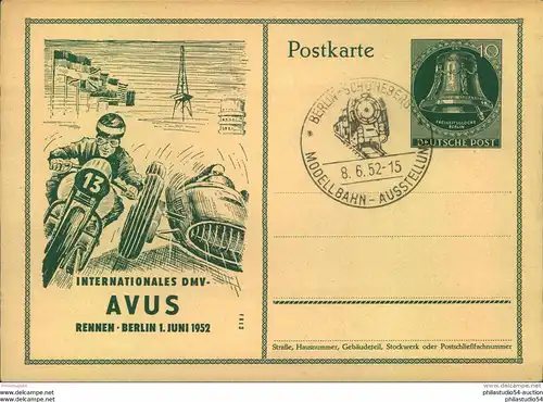 10 Pfg. Glockenganzsachenkarte zum INTERNATIONALEN DMV-AVUSRENNEN 1952 blanko mit Sonderstempel BERLIN-SCHÖNEBERG MODELL