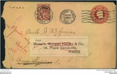 1922, 2 Cent stat. envelope forwarded with english franking