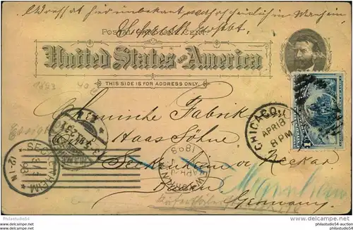 1893: 1 Cent business stationery uprated with 1 C. Columbus to Munich.