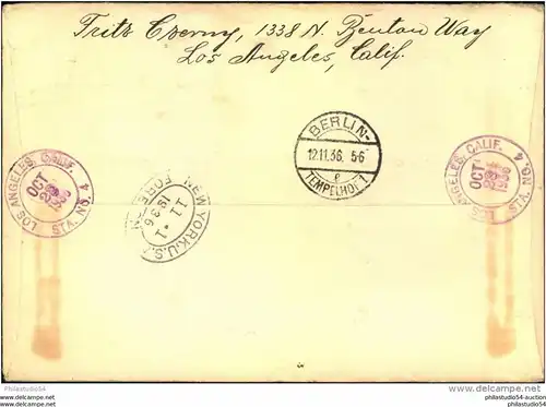 1936, NICE REGISTERED LETTER FROM LOS ANGELES to BERLIN