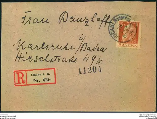 1914, 30 Pfg. Luitpold als EF auf Einschreiben ab LINDAU BODENSEE