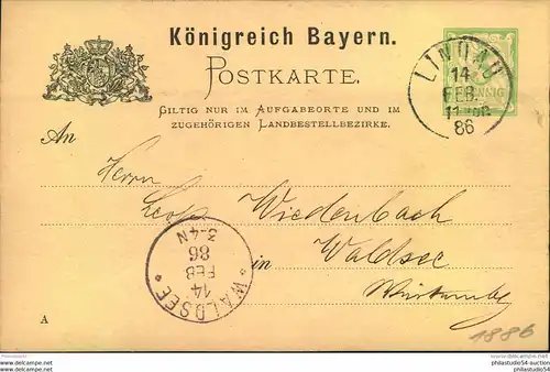 1886, 5 Pfg Ganzsachenkarte mit privatem Zudruck rückseitig ab LINDAU