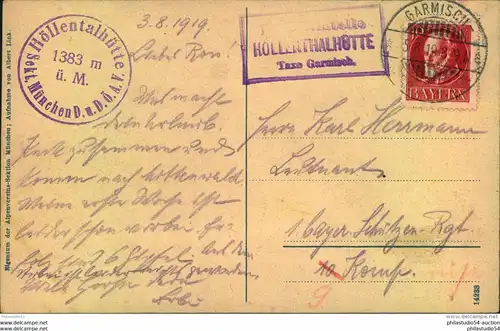 1919, ""HÖLLENTHALHÜTTE Taxe Garmisch auf bbildgleicher AK