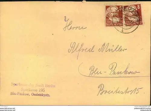 1952, Ortsbrief mit 2 Exemplaren 8 Pfg. Köpfe I ab BERLIN-PANKOW 1
