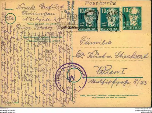 1949, 10 Pfg. Bebel Ganzsachenkarte mit bildgleicher Zusatzfrankatur von 2-mal 10 Pfg. ab ERFURT nach Wien. Mit Österrei