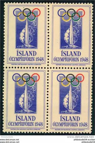 1948, stickers for Islandic olympic team, bloc of four. scarce, mnh