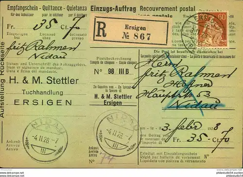 1928, eingeschriebener Einzugs-Auftrag mit 60 Rp sitzende Helvetia ab ERSINGEN