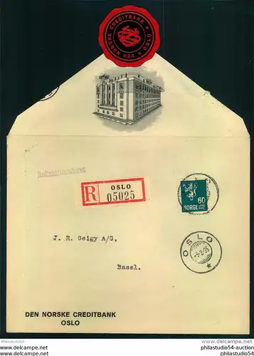 1935, beautiful illustrated envelope from DEN NORSKE CREDITBANK OSLO registered to Basel.
