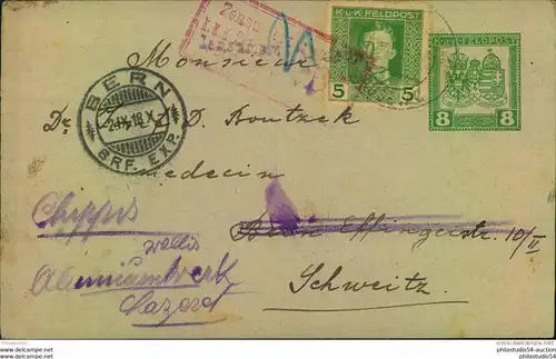 1918, 8 Heller Ganzsachenkarte mit Zusatzfrankatur ab KRUSEVSAC in die Schweiz.